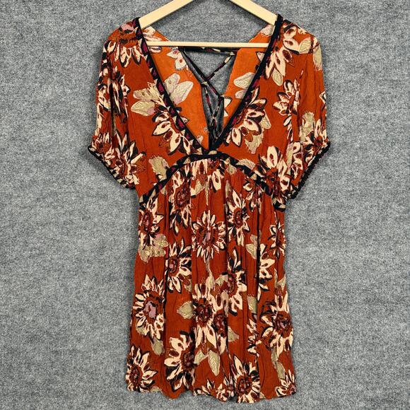 Free People Size Large Kimono Romper Brown Floral  Deep V Neck Lace Up Back - Picture 1 of 8